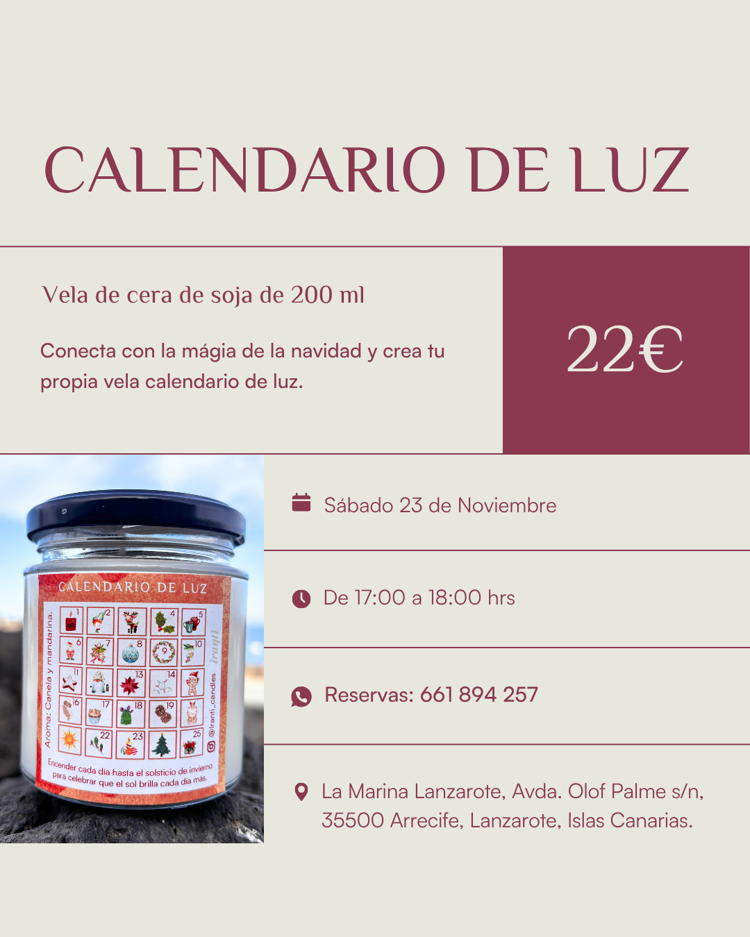 Taller de velas "Calendario de luz" 23 de Noviembre.